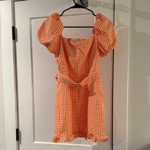 Fashion Nova Orange Gingham Puff Sleeve Mini Dress